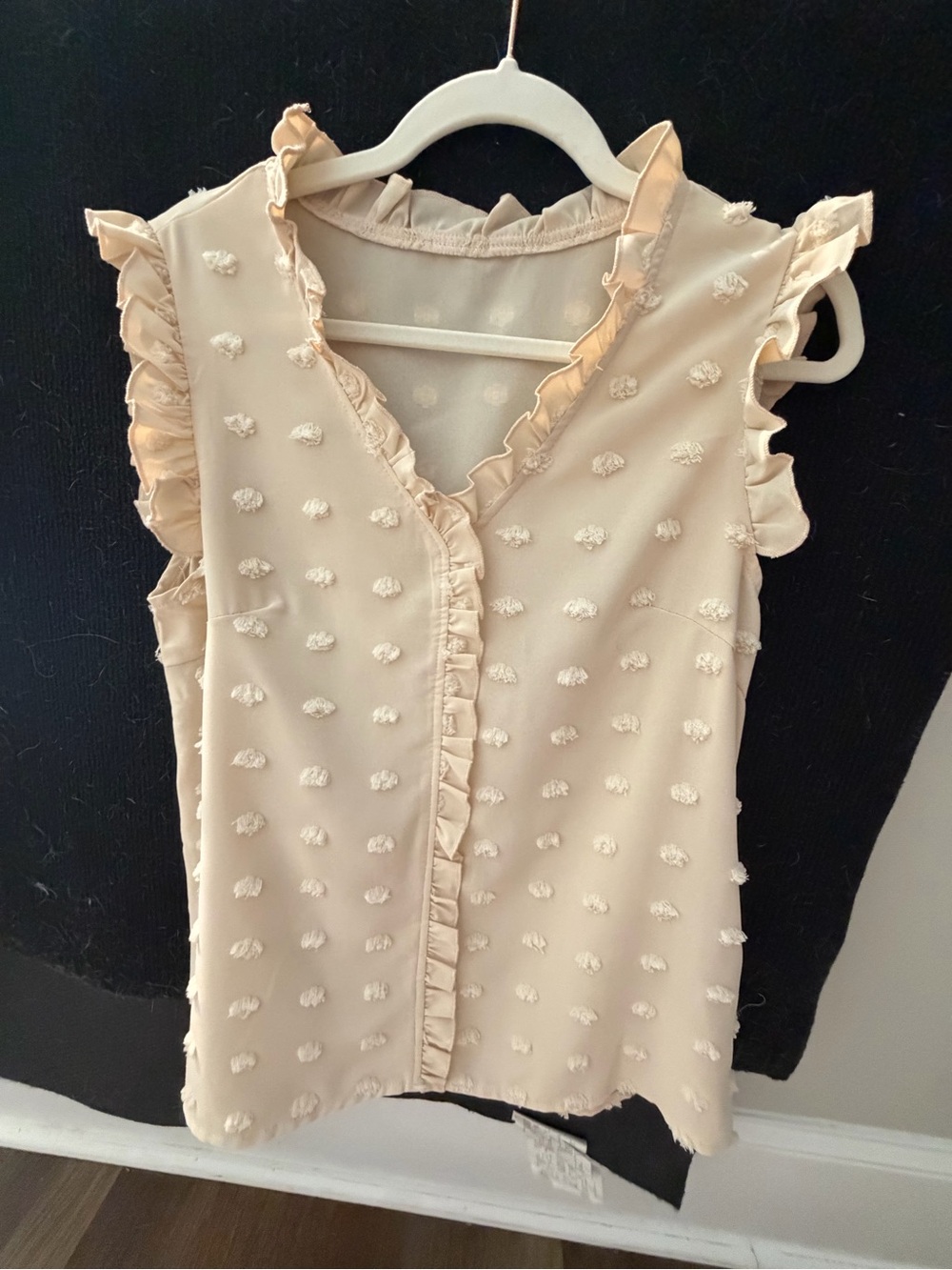 SHEIN Cream Sleeveless Swiss Dot Ruffle V-Neck Top